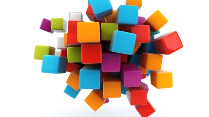 Poster - Colorful pile of cubes on a white background. The cubes are of different colors and sizes, creating a vibrant and dynamic scene. Concept of creativity and playfulness
