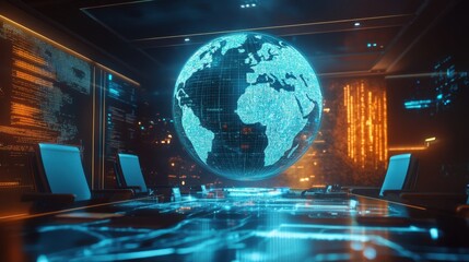 Poster - An AR globe display projects data streams, creating a futuristic conference room for global discussions and engagement