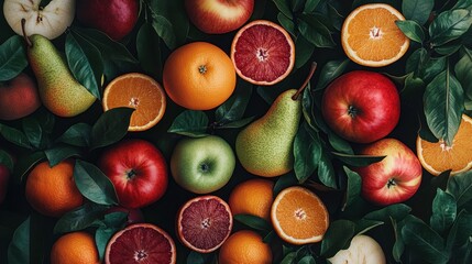 Poster - Artistic close-up featuring vibrant colors of fresh apples, pears, and oranges, emphasizing their smooth, healthy skin.
