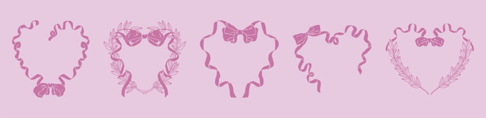Wall Mural - pink heart frames with bow and ribbons in vintage baroque style. coquette girly aesthetic. hand-draw