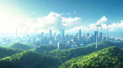 Poster - Bright cityscape enhanced with digital visuals promoting urban sustainability and clean energy