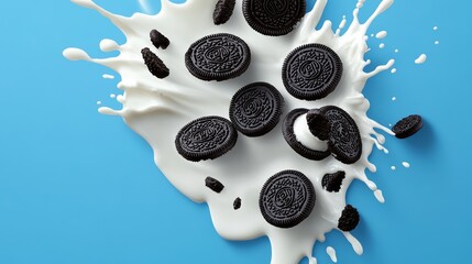Poster - Blue background with milk splattered on it and a pile of Oreo cookies on top. The cookies are broken and scattered around the milk
