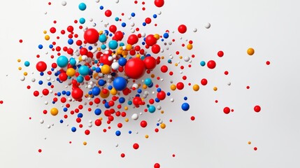 Poster - Colorful explosion of balls in the air. The colors are red, blue, yellow, and white. Concept of energy and excitement