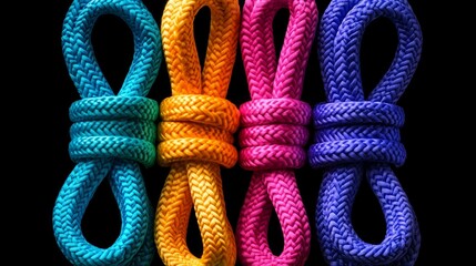 Poster - Four colorful ropes are tied together in a knot. The ropes are of different colors and sizes. Concept of unity and harmony, as the ropes are tied together in a way that they complement each other
