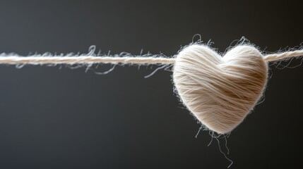 Poster - Heart made of yarn is hanging from a rope. The heart is white and he is made of yarn