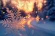 © kardaska - Sparkling snowflakes on frosty window at sunset