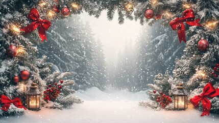 Wall Mural - christmas lanterns illuminating snowy forest path with festive decorations