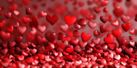 Poster - Red background with many red hearts scattered throughout. The hearts are of various sizes and are positioned in different directions. Concept of love and affection
