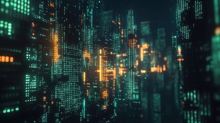 Poster - Futuristic cyberpunk-style glowing binary code on a black and green gradient background, ideal for tech banners.