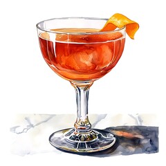 Wall Mural - Watercolor Painting of a Classic Cocktail in a Coupe Glass with an Orange Peel Garnish.