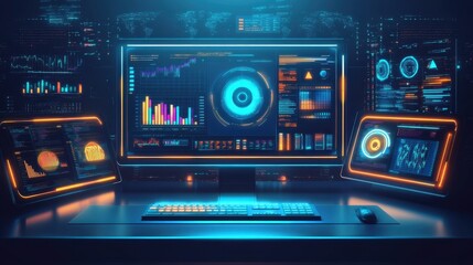 Poster - Futuristic workspace: glowing control hub with cutting-edge tools for comprehensive data analysis