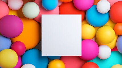 Poster - Colorful image of many different colored balls with a white square in the middle. The image is full of vibrant colors and seems to be a representation of a party or celebration