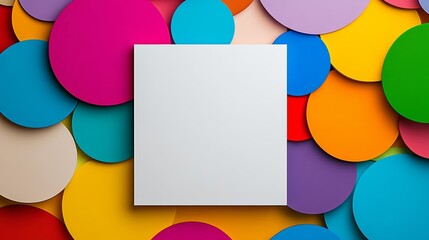 Poster - Colorful background with a white square in the middle. The square is empty and the background is full of circles
