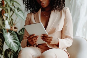 Poster - A woman in a business suit is sitting on a chair and looking at a tablet