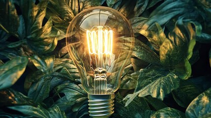 Aufkleber - Light bulb surrounded by green leaves, illumination and nature harmony concept