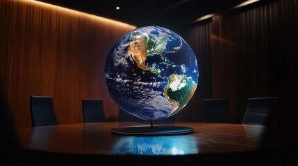 Poster - Innovative AR globe display transforms a modern conference room into a global data exchange hub