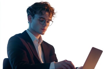 Poster - A man in a suit is sitting at a desk with a laptop in front of him