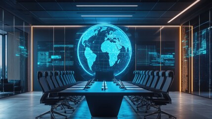 Poster - Innovative AR globe display transforms a modern conference room into a global data exchange hub