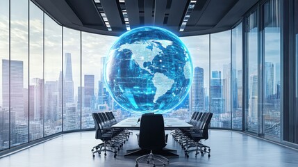 Poster - Innovative AR globe display transforms a modern conference room into a global data exchange hub