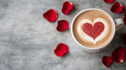 Wall Mural - A cozy Valentine’s Day background featuring a steaming cup of coffee on a table, decorated with a heart-shaped latte art and rose petals scattered around 