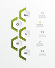 Wall Mural - Step by step green vertical infographic template with 5 steps, options, parts or processes.