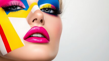 Wall Mural - a woman with a colorful face paint and bright lipstick. the colors are red, yellow, and blue