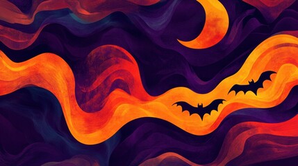 Poster - Vibrant orange and dark purple abstract waves forming a backdrop with hints of Halloween icons like bats and moons.