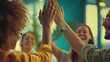 © Oran - Group of diverse friends celebrating with high fives, showcasing joy and connection in vibrant setting. Their smiles radiate happiness