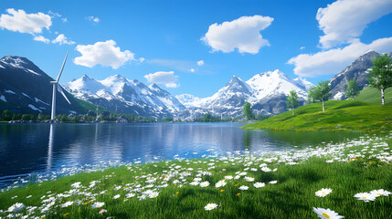 Aufkleber - A serene landscape featuring mountains, a clear lake, green grass, and blooming flowers under a bright blue sky with fluffy clouds