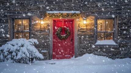 Poster - Snowy Winter Scene Red Door Christmas Wreath