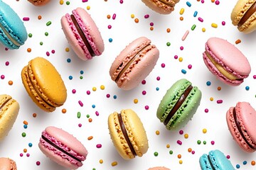 Poster - Colorful array of macarons with different flavors and colors. The macarons are arranged in a pattern on a white background, with colorful sprinkles scattered around them
