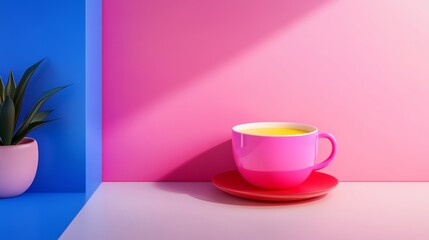 Poster - Pink cup with yellow liquid sits on a red plate on a table. The cup is placed in front of a blue wall