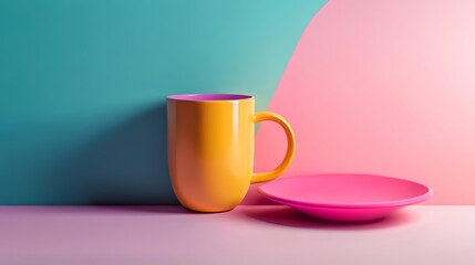 Poster - Yellow coffee cup sits on a pink plate. The colors of the cup and plate create a playful and cheerful mood