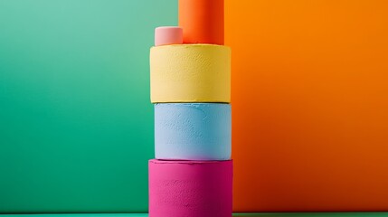 Poster - Stack of colorful blocks with a green background. The blocks are in different colors and sizes, and they are arranged in a pyramid shape. Concept of creativity and playfulness