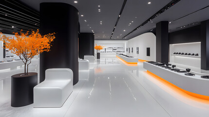 Poster - A modern retail space featuring sleek white surfaces, black pillars, and vibrant orange accents, enhanced by minimalist furniture and stylish displays