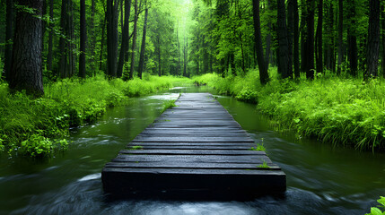Aufkleber - A serene forest scene featuring a wooden pathway over a tranquil stream, surrounded by lush greenery and towering trees