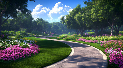 Poster - A serene garden pathway lined with vibrant flowers and lush greenery under a bright blue sky, inviting visitors to explore its beauty