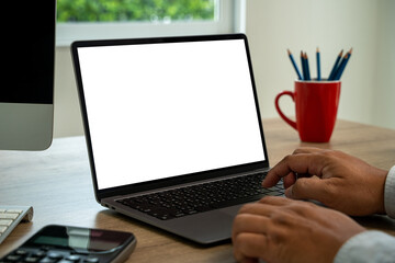 Poster - young man working Businessman using a desktop computer of the blank screen