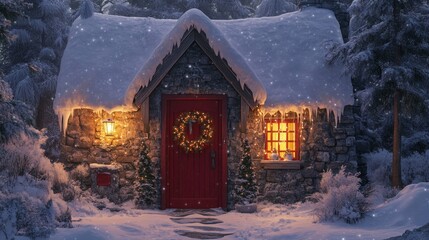 Poster - A Cozy Stone Cottage in a Snowy Winter Wonderland