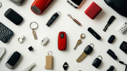 Poster - Various car accessories, including keychains and chargers, are neatly arranged on a white surface, leaving space for personalized messaging. Generative AI