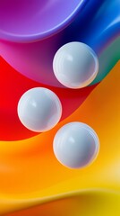 Poster - Colorful background with three white spheres in the middle. The spheres are floating in the air and appear to be floating on a wave. The background is a mix of bright colors, creating a vibrant