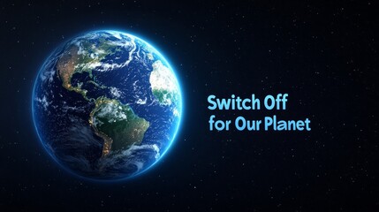 Wall Mural - A serene Earth Hour background featuring a glowing Earth in darkness, with continents softly illuminated, surrounded by a star-filled sky and the text Switch Off for Our Planet 