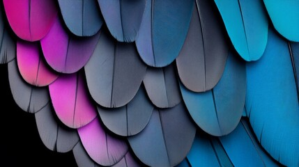 Poster - Colorful feather pattern with blue, pink, and purple feathers. The feathers are arranged in a way that creates a sense of movement and flow. The image conveys a feeling of freedom and natural beauty