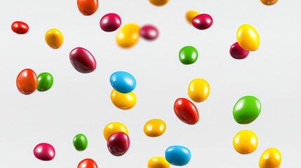 Poster - Bunch of colorful candy pieces are flying through the air. The candy pieces are of various colors, including red, yellow, green, and blue. The scene is lively and playful