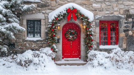 Poster - Snowy Stone House Christmas Decorated Red Door