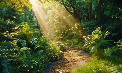 Wall Mural - sunlight filters through lush trees in a serene forest.