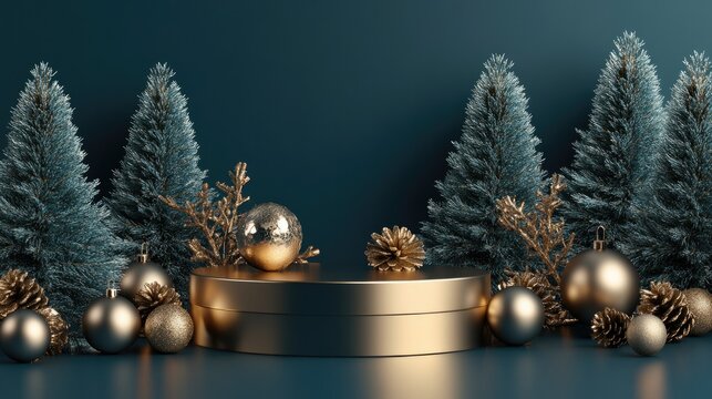 A glamorous HNY 2025-themed composition with a luxurious podium, metallic baubles, and stylized pine trees, designed for holiday banners and magazines