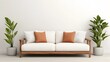 © Sopacha - Cozy urban jungle living room, white couch, decorative pillow, wooden furniture, blank wall space, 3D render