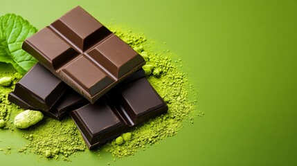 Wall Mural - A stack of chocolate bars with green powder on top