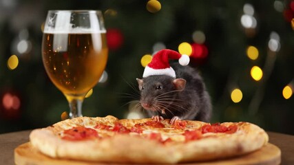 Wall Mural - Colorful rat in red Santa hat celebrates holiday. New Year tree with blinking lights garland. Cheese pizza and champagne glass on wooden table. Christmas concept.